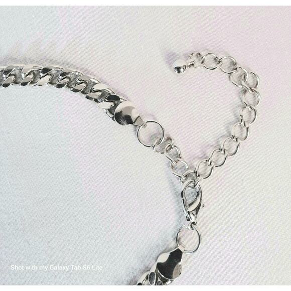 Silver Tone Bib Necklace Tribal Curb Chains Rhinestones And Beads - Picture 6 of 13